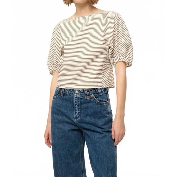 NEW STAUD didi short sleeve top in ivory/dark oak micro stripe - Picture 1 of 5